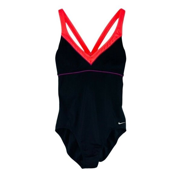 NIKE Swimsuit One Piece Racer Back Black Deep V-Neck Women's Size 12 - Picture 5 of 7
